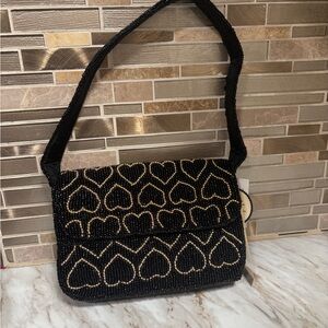 Black beaded bag with gold heart design NWT